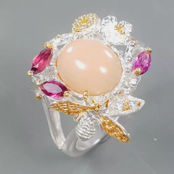 Gorgeous pink Opal & Pink Rhodolite Sapphires bumble bee sterling ring sz8.5 - Picture 3 of 10
